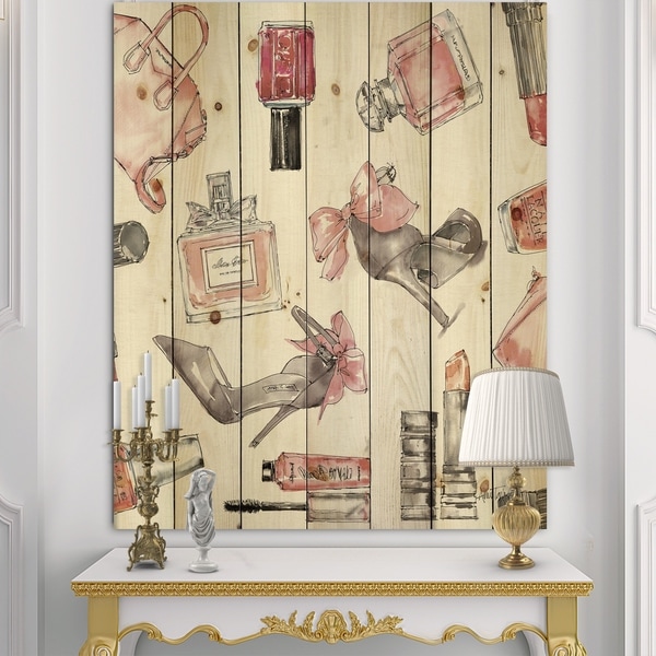 Designart 'Glam Chic Accents Pattern I' Fashion Print on Natural Pine Wood - Multi-color