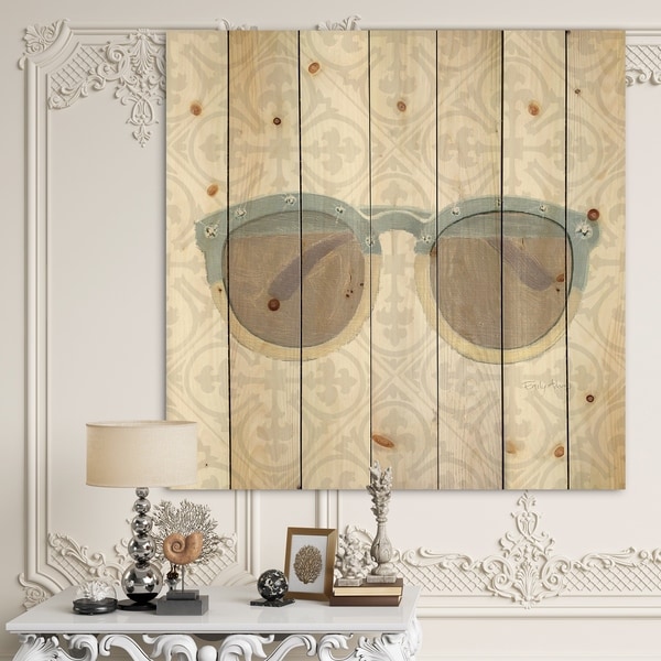 Designart 'Glam cosmetics Blue Sun Glasses' Posh & Luxe Print on Natural Pine Wood - Grey