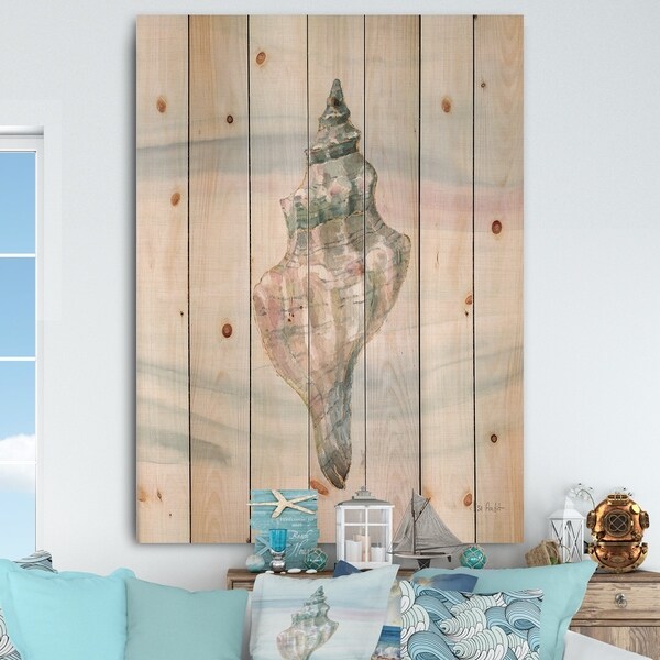Designart 'Ocean Metallic Conch' Lake House Print on Natural Pine Wood - Blue/Pink