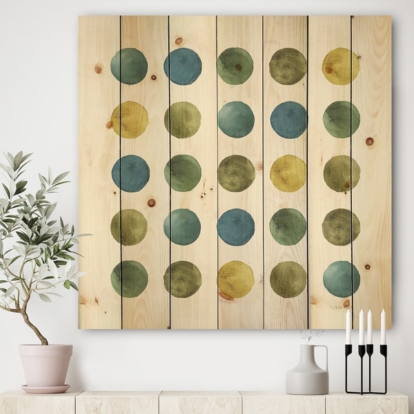 Designart 'Green Tones Geometric Circles' Mid-Century Modern Print on Natural Pine Wood - Multi-color
