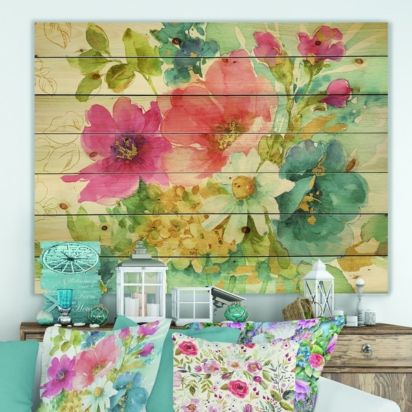 Designart 'My French Garden' Farmhouse Print on Natural Pine Wood - Blue/Pink