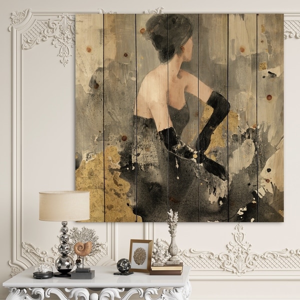 Designart 'Gold Fashion Dance' Traditional Print on Natural Pine Wood - Black