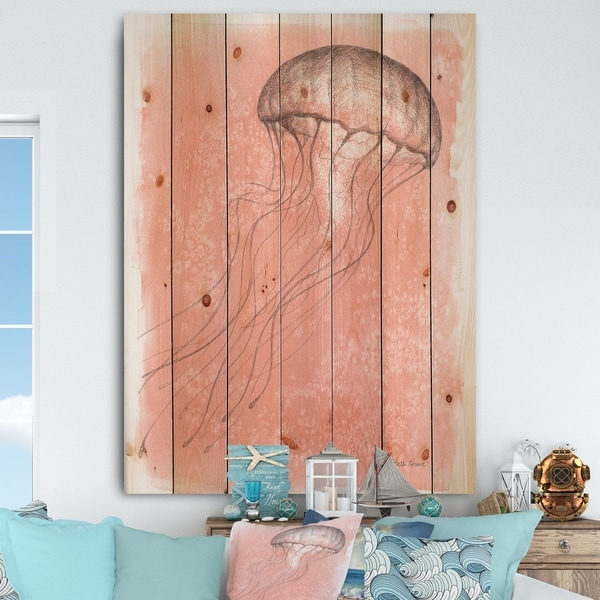 Designart 'Coastal Sea Life IV jellyfish sketches' Nautical & Coastal Print on Natural Pine Wood - Pink
