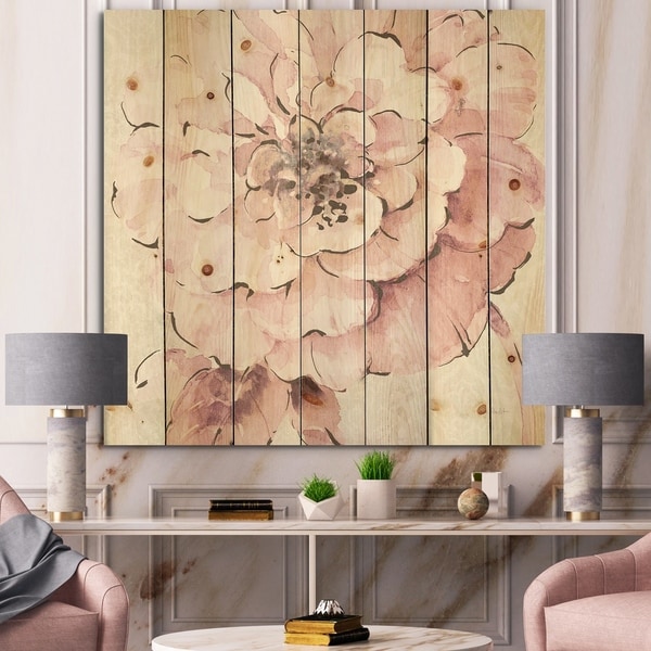 Designart 'Indigold Shabby Peonies Pink' Farmhouse Print on Natural Pine Wood - Pink/White