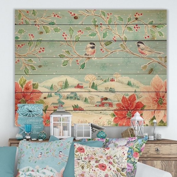 Designart 'Country Flower snowflakes II' Farmhouse Print on Natural Pine Wood - Blue/Red