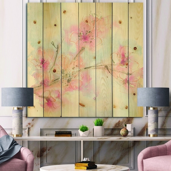 Designart 'Pink Blossoms Branch' Floral Cottage Print on Natural Pine Wood - Blue/Pink