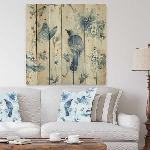 Designart 'Indigold Watercolor Flower III' Farmhouse Print on Natural Pine Wood - Grey/Blue