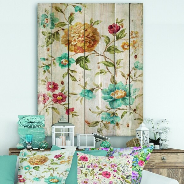 Designart 'Golden Flowers' Cabin & Lodge Print on Natural Pine Wood - Blue/Orange