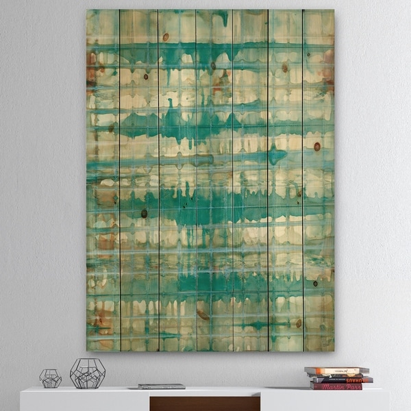 Designart 'Turquoise Watercolor geometrical VIII' Modern & Transitional Print on Natural Pine Wood - Blue/Brown