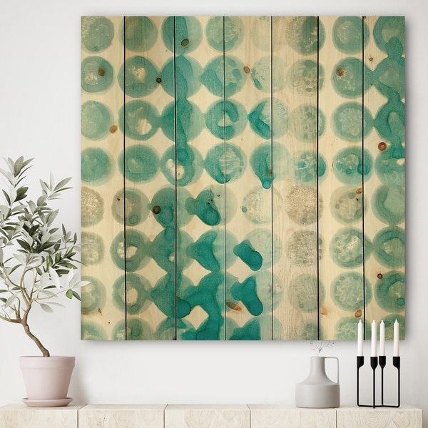Designart 'Turquoise Watercolor geometrical II' Modern & Transitional Print on Natural Pine Wood - Blue/Brown