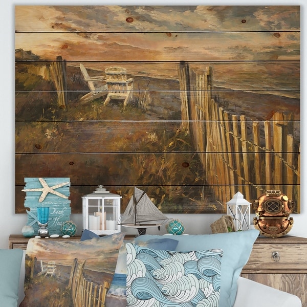 Designart 'Dunes Sunset' Nautical & Coastal Print on Natural Pine Wood - Brown/White