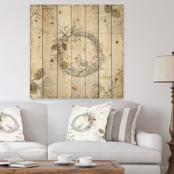 Designart 'Gold Beautiful cardinals' Farmhouse Print on Natural Pine Wood - White