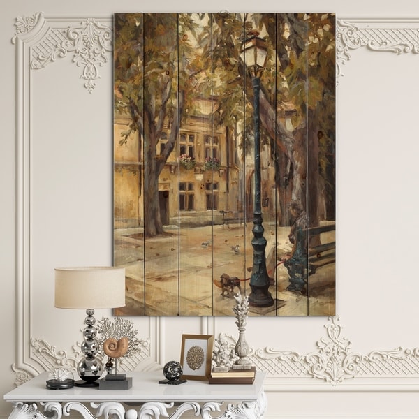 Designart 'Provence French Village II' French Country Print on Natural Pine Wood - Grey