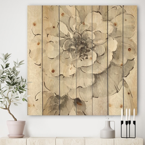 Designart 'Indigold Grey Peonies I' Farmhouse Print on Natural Pine Wood - White