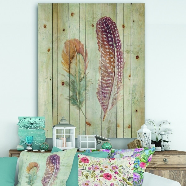 Designart 'Natural Feathers on Wood II' Farmhouse Print on Natural Pine Wood - Blue/Brown