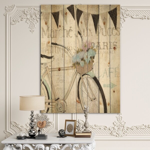 Designart 'French Bicycle Flea Market I' French Country Print on Natural Pine Wood - Black/Grey