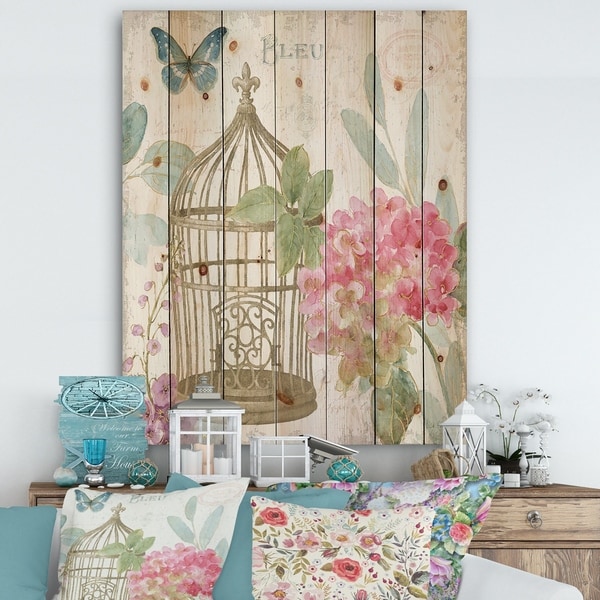 Designart 'Vintage Floral Birdcage I' Traditional Print on Natural Pine Wood - Pink