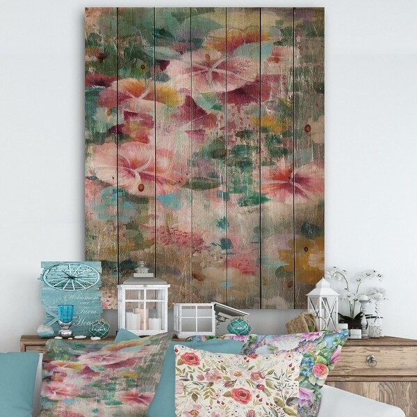 Designart 'Flower Shower III' Cabin & Lodge Print on Natural Pine Wood - Pink