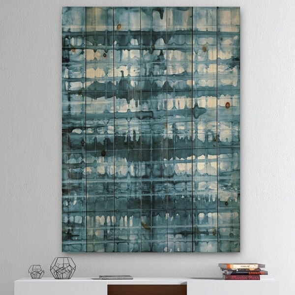 Designart 'Indigo watercolor geometrical V ' Contemporary Print on Natural Pine Wood - Blue/White