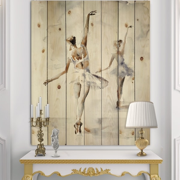 Designart 'watercolors Ballerinas Dance II' French Country Print on Natural Pine Wood - Grey