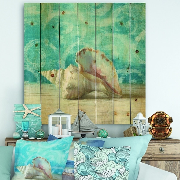 Designart 'Composition from the Sea I' Nautical & Coastal Print on Natural Pine Wood - Blue