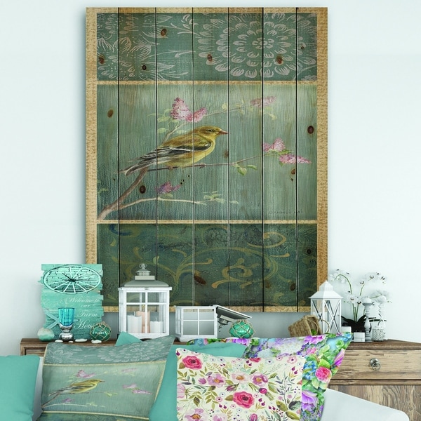 Designart 'Farmhouse Triptych of Blue Ornaments And Chickadee Goldfinch' Farmhouse Print on Natural Pine Wood - Grey