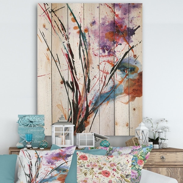 Designart 'Abstract Purple and Blue Flowers' Traditional Print on Natural Pine Wood - Multi-color