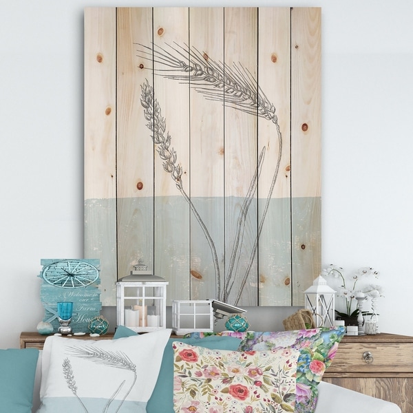 Designart 'Simple Natural Element - Wheat I' Cottage Print on Natural Pine Wood - Blue