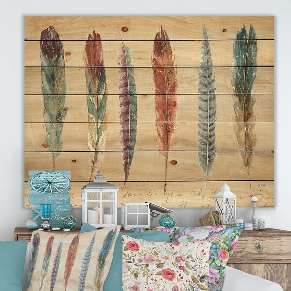 Designart 'Feathers Cottage Family ' Lake House Print on Natural Pine Wood - Multi-color
