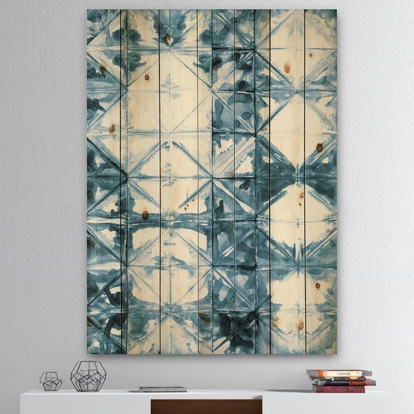Designart 'Indigo watercolor geometrical I ' Contemporary Print on Natural Pine Wood - Blue/White