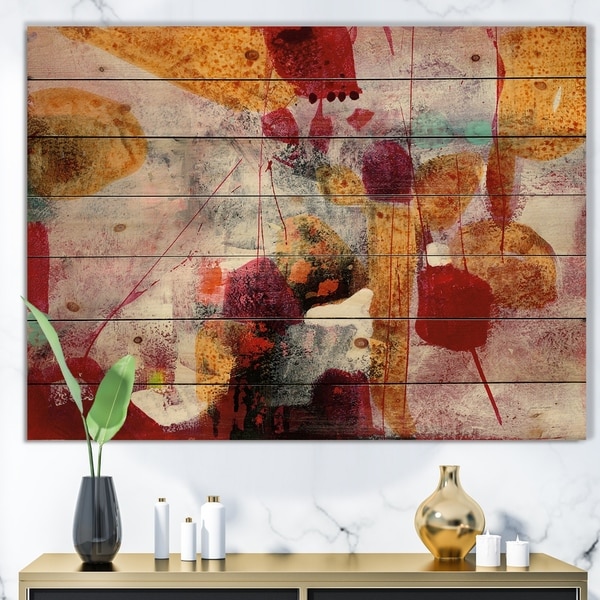 Designart 'Abstract Watercolor with Red and Yellow' Contemporary Print on Natural Pine Wood - Multi-color