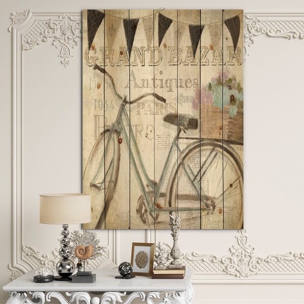 Designart 'French Bicycle Flea Market II' French Country Print on Natural Pine Wood - Black/Grey
