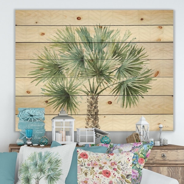 Designart 'Mixed Botanical Greens palms III' Farmhouse Print on Natural Pine Wood - Green