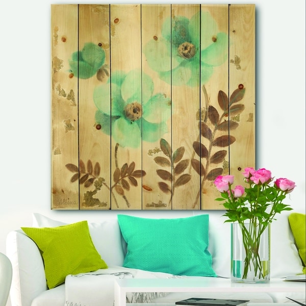 Designart 'Blue Poppies Cottage Flowers II' Farmhouse Print on Natural Pine Wood - Blue/Brown
