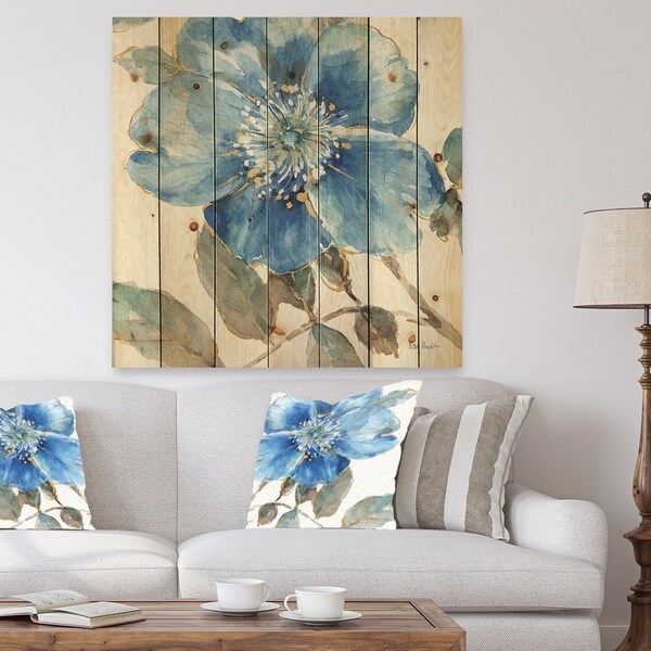 Designart 'Indigold Watercolor Flower I' Farmhouse Print on Natural Pine Wood - Blue