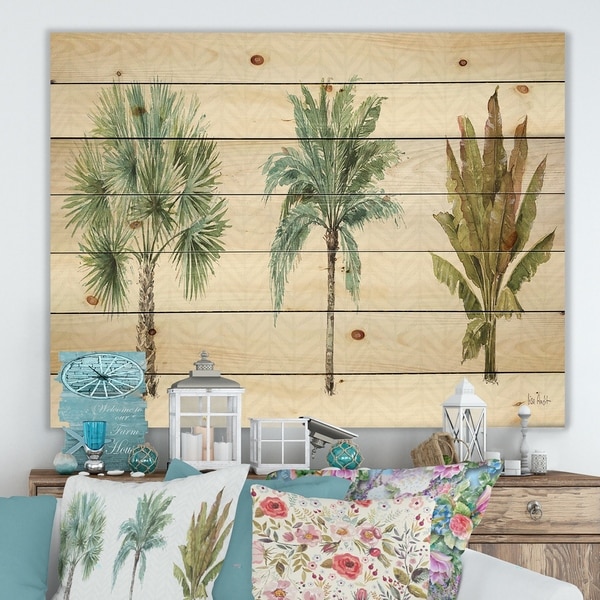 Designart 'Mixed Botanical Greens palms I' Farmhouse Print on Natural Pine Wood - Green