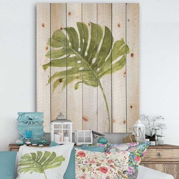 Designart 'Mixed Botanical Green Leaves VII' Cottage Print on Natural Pine Wood