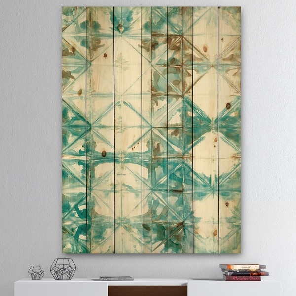 Designart 'Turquoise Watercolor geometrical IV' Modern & Transitional Print on Natural Pine Wood - Blue/Brown