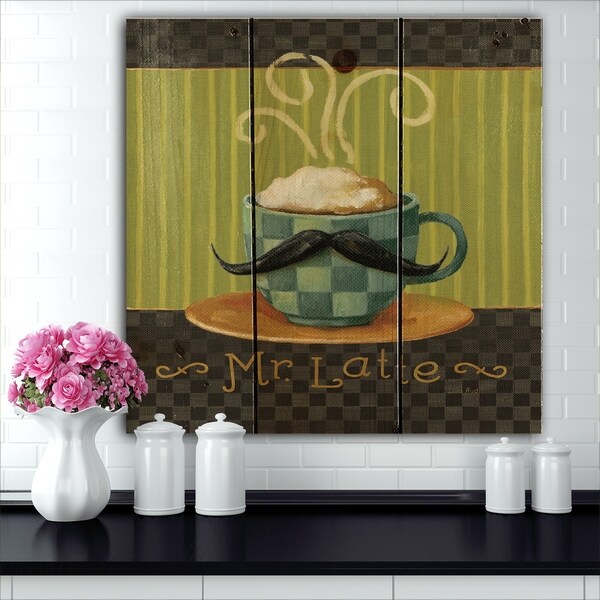 Designart 'Kitchen Cafe Moustache I' Kitchen Print on Natural Pine Wood - Blue/Green