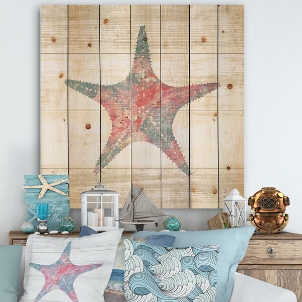 Designart 'Pink Starfish Ocean Life' Nautical & Coastal Print on Natural Pine Wood - Grey/Pink