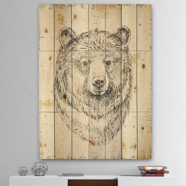 Designart 'Bear Wild and Beautiful IV' Wildlife Animal Print on Natural Pine Wood - Grey