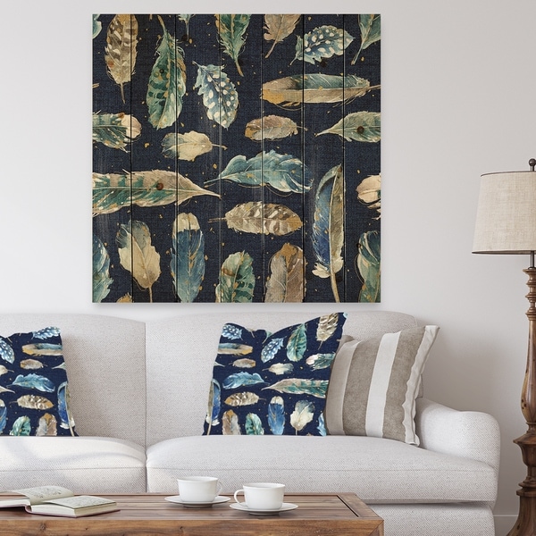 Designart 'Indigold metallic feathers Pattern' Floral Print on Natural Pine Wood - Blue