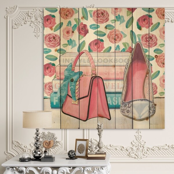 Designart 'Pink Fashion high heels I' Posh & Luxe Print on Natural Pine Wood - Pink/White