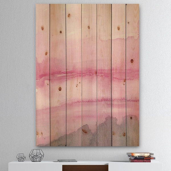 Designart 'Pink Abstract Watercolor' Shabby Chic Print on Natural Pine Wood - Grey/Pink