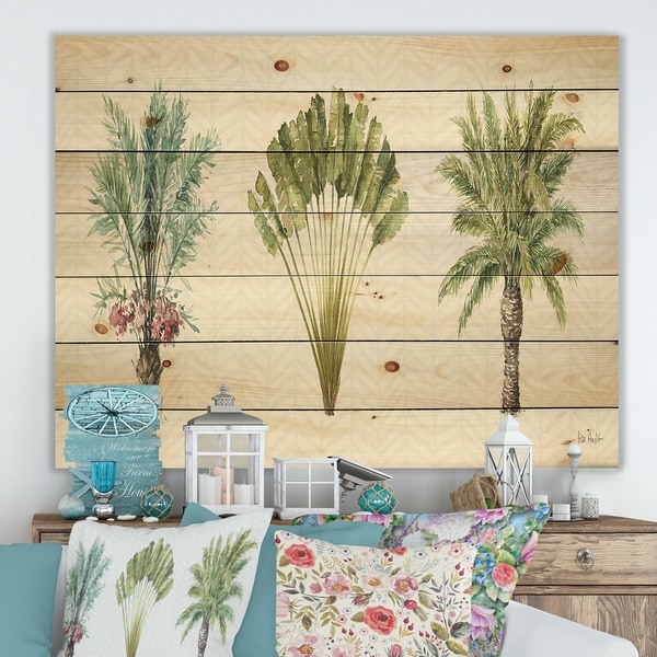 Designart 'Mixed Botanical Greens palms II' Farmhouse Print on Natural Pine Wood - Green