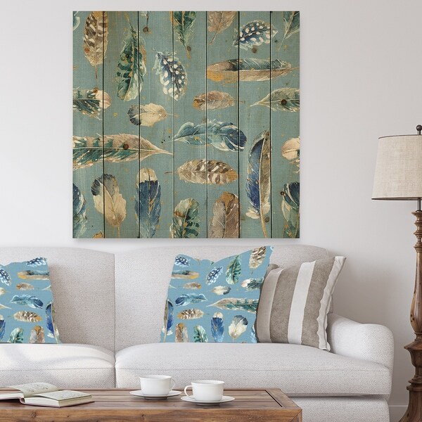 Designart 'Indigold Feathers Turquoise Pattern' Floral Print on Natural Pine Wood - Blue