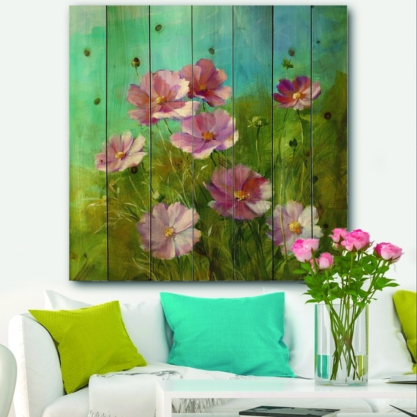 Designart 'Red Wildflowers on A Green Meadow' Traditional Print on Natural Pine Wood - Blue
