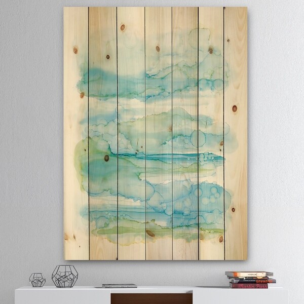 Designart 'Goache of Abstract Blue and Green' Modern Print on Natural Pine Wood - White