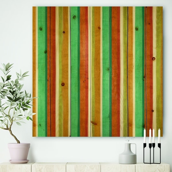 Designart 'Blue, Green and Orange Vertical Abstract Stripes' Mid-Century Modern Print on Natural Pine Wood - Multi-color