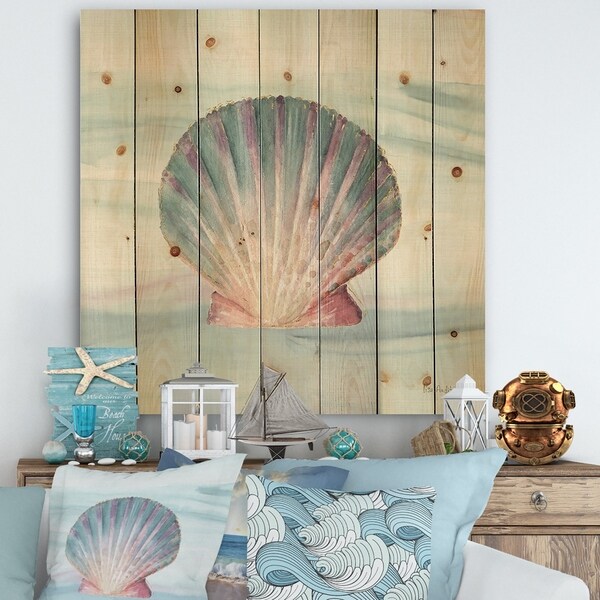 Designart 'Ocean Shell on Blue ' Nautical & Coastal Print on Natural Pine Wood - Purple